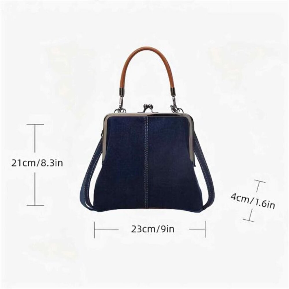 Denim Crossbody Tote Bags For Women, Mini Blue Denim Totebag Kiss Lock Purses - Picture 4 of 7